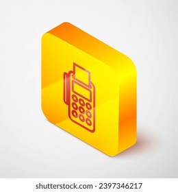 Terminal POS de línea isométrica con tarjeta de crédito insertada e icono de recirpe impreso aislado en fondo gris. concepto de pago de NFC. Botón cuadrado amarillo. Ilustración vectorial
