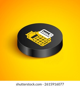 Isometric line POS terminal with inserted credit card and printed reciept icon isolated on yellow background. NFC payment concept. Black circle button. Vector
