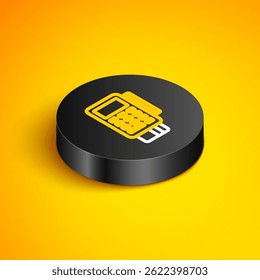 Isometric line POS terminal with inserted credit card and printed reciept icon isolated on yellow background. NFC payment concept. Black circle button. Vector