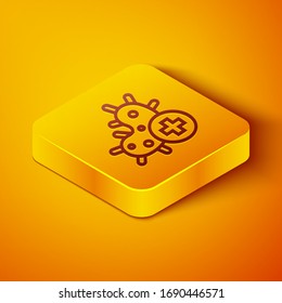 Línea isométrica Icono de virus positivo aislado en fondo naranja. Virus Corona 2019-nCoV. Bacterias y gérmenes, cáncer celular, microbio, hongos. Botón cuadrado amarillo. Ilustración vectorial