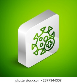 Isometric line Positive virus icon isolated on green background. Corona virus 2019-nCoV. Bacteria and germs, cell cancer, microbe, fungi. Silver square button. Vector