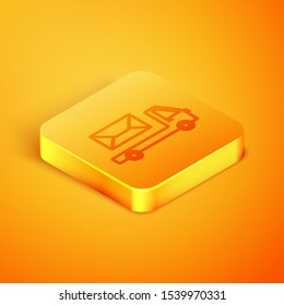 Isometric line Post truck icon isolated on orange background. Mail car. Vehicle truck transport with envelope or letter. Orange square button. Vector Illustration