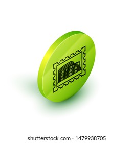 Isometric line Postal stamp and Coliseum icon isolated on white background. Colosseum sign. Symbol of Ancient Rome, gladiator fights. Green circle button. Vector Illustration
