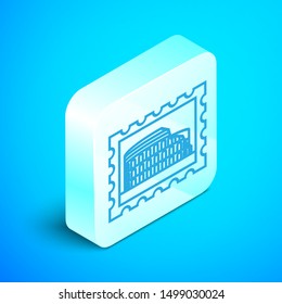 Isometric line Postal stamp and Coliseum icon isolated on blue background. Colosseum sign. Symbol of Ancient Rome, gladiator fights. Silver square button. Vector Illustration