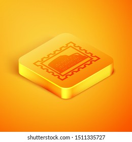 Isometric line Postal stamp and Coliseum icon isolated on orange background. Colosseum sign. Symbol of Ancient Rome, gladiator fights. Orange square button. Vector Illustration