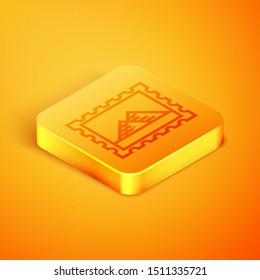 Isometric line Postal stamp and Egypt pyramids icon isolated on orange background. Orange square button. Vector Illustration