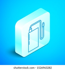 Isometric line Power bank with different charge cable icon isolated on blue background. Portable charging device. Silver square button. Vector Illustration