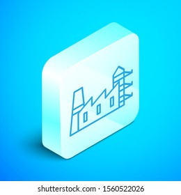 Isometric line Power station plant and factory icon isolated on blue background. Energy industrial concept. Silver square button. Vector Illustration