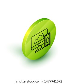 Isometric line Presentation financial business board with graph, schedule, chart, diagram, infographic, pie graph icon isolated on white background. Green circle button. Vector Illustration