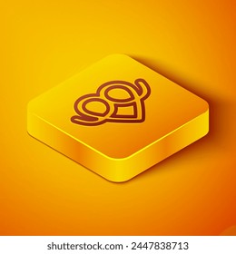 Isometric line Pretzel icon isolated on orange background. German comfort food pastry. Oktoberfest festival. Yellow square button. Vector