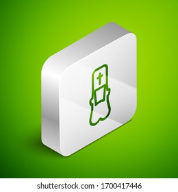 Isometric line Priest icon isolated on green background. Silver square button. Vector Illustration