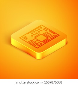 Isometric line Printed circuit board PCB icon isolated on orange background. Orange square button. Vector Illustration