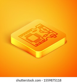 Isometric line Printed circuit board PCB icon isolated on orange background. Orange square button. Vector Illustration