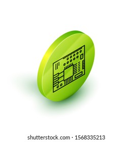 Isometric line Printed circuit board PCB icon isolated on white background. Green circle button. Vector Illustration