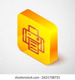 Isometrische Linie Druckersymbol einzeln auf grauem Hintergrund. Gelber quadratischer Knopf. Vektorgrafik
