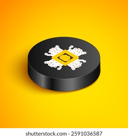 Isometric line Processor icon isolated on yellow background. CPU, central processing unit, microchip, microcircuit, computer processor, chip. Black circle button. Vector