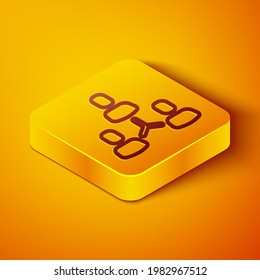 Línea isométrica Icono base del equipo del proyecto aislado en el fondo naranja. Análisis y planificación del negocio, consultoría, trabajo en equipo, gestión de proyectos. Botón cuadrado amarillo. Vector
