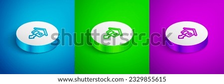 Isometric line Property and housing market collapse icon isolated on blue, green and purple background. Falling property prices. Real estate stock risk or economic recession. White circle button