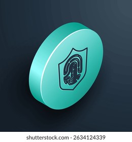 Línea isométrica Escudo de protección codificado icono de huella digital aislado sobre fondo negro. Icono de App de ID. Signo de Identificación. Concepto de escaneo de dedo de seguridad. Botón de círculo turquesa. Vector