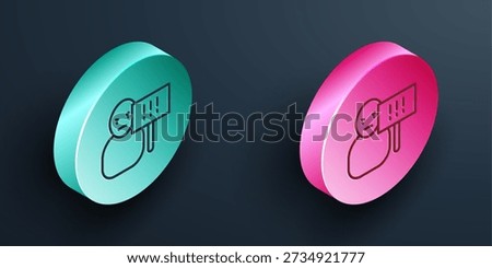 Isometric line Protest icon isolated on black background. Meeting, protester, picket, speech, banner, protest placard, petition, leader, leaflet. Turquoise and pink circle button. Vector