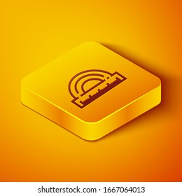 Isometric line Protractor grid for measuring degrees icon isolated on orange background. Tilt angle meter. Measuring tool. Geometric symbol. Yellow square button. Vector Illustration