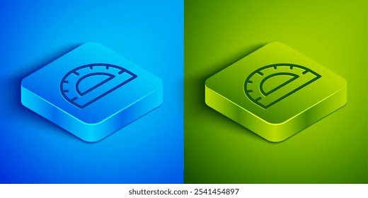 Isometric line Protractor grid for measuring degrees icon isolated on blue and green background. Tilt angle meter. Measuring tool. Geometric symbol. Square button. Vector