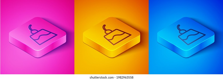 Isometric line Pudding custard with caramel glaze icon isolated on pink and orange, blue background. Square button. Vector
