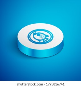 Isometric line Puffer fish on a plate icon isolated on blue background. Fugu fish japanese puffer fish. White circle button. Vector.