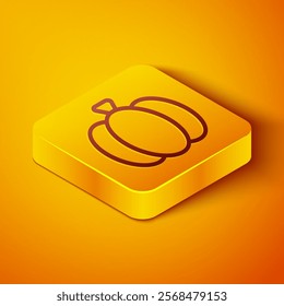 Isometric line Pumpkin icon isolated on orange background. Happy Halloween party. Yellow square button. Vector