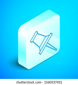 Isometric line Push pin icon isolated on blue background. Thumbtacks sign. Silver square button. Vector Illustration