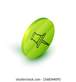 Isometric line Push pin icon isolated on white background. Thumbtacks sign. Green circle button. Vector Illustration