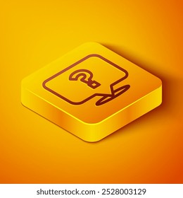 Icono de signo de interrogación de línea isométrica aislado sobre fondo naranja. Signo de preguntas frecuentes. Copia archivos, burbuja de discurso de chat y gráfico. Botón cuadrado amarillo. Vector