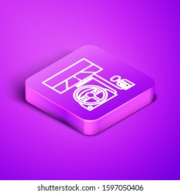 Isometric line Racing simulator cockpit icon isolated on purple background. Gaming accessory. Gadget for driving simulation game. Purple square button. Vector Illustration