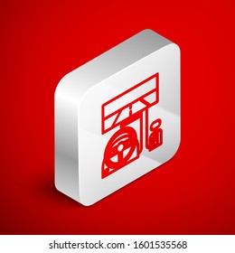 Isometric line Racing simulator cockpit icon isolated on red background. Gaming accessory. Gadget for driving simulation game. Silver square button. Vector Illustration