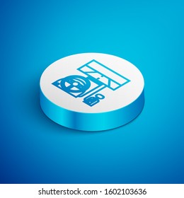 Isometric line Racing simulator cockpit icon isolated on blue background. Gaming accessory. Gadget for driving simulation game. White circle button. Vector Illustration