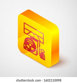 Isometric line Racing simulator cockpit icon isolated on grey background. Gaming accessory. Gadget for driving simulation game. Yellow square button. Vector Illustration