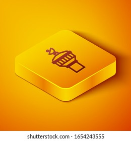 Isometric line Radar icon isolated on orange background. Search system. Satellite sign. Yellow square button. Vector Illustration
