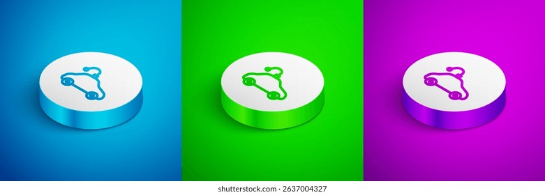 Isometric line Radio controlled car toy icon isolated on blue, green and purple background. Control remote car toy. White circle button. Vector