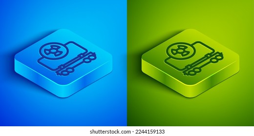 Isometric line Radioactive cargo train wagon icon isolated on blue and green background. Freight car. Railroad transportation. Square button. Vector