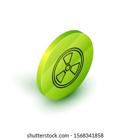 Isometric line Radioactive icon isolated on white background. Radioactive toxic symbol. Radiation Hazard sign. Green circle button. Vector Illustration