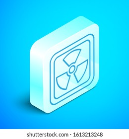 Isometric line Radioactive icon isolated on blue background. Radioactive toxic symbol. Radiation Hazard sign. Silver square button. Vector Illustration