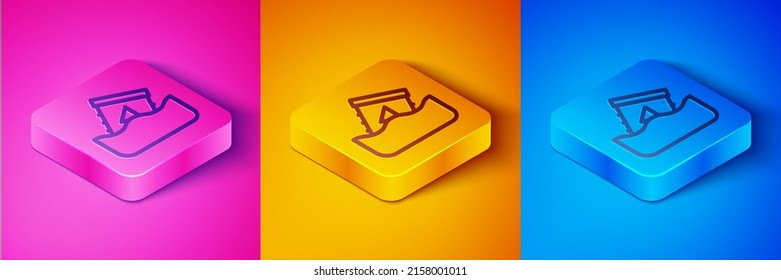 Isometric line Radioactive waste in barrel icon isolated on pink and orange, blue background. Toxic waste contamination on water. Environmental pollution. Square button. Vector