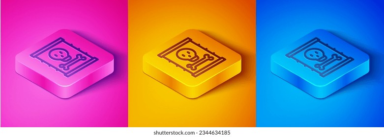 Isometric line Radioactive waste in barrel icon isolated on pink and orange, blue background. Toxic refuse keg. Radioactive garbage emissions, environmental pollution. Square button. Vector