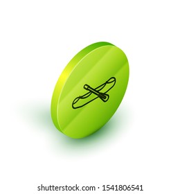 Isometric line Rafting boat icon isolated on white background. Inflatable boat with paddles. Water sports, extreme sports, holiday, vacation. Green circle button. Vector Illustration