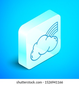 Isometric line Rainbow with clouds icon isolated on blue background. Silver square button. Vector Illustration