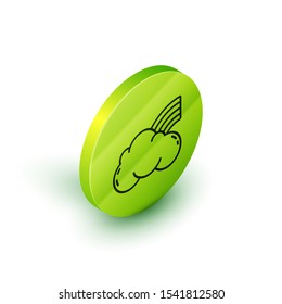 Isometric line Rainbow with clouds icon isolated on white background. Green circle button. Vector Illustration