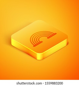 Isometric line Rainbow with clouds icon isolated on orange background. Orange square button. Vector Illustration