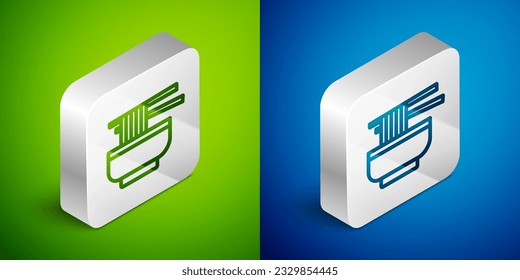 Isometric line Ramen soup bowl with noodles icon isolated on green and blue background. Bowl of traditional asian noodle soup. Silver square button. Vector