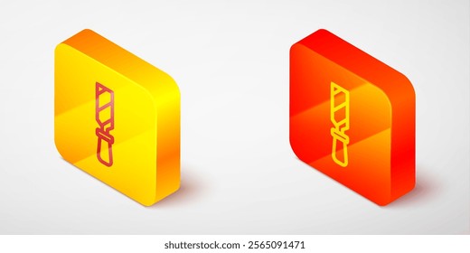 Isometric line Rasp metal file icon isolated on grey background. Rasp for working with wood and metal. Tool for workbench, workshop. Yellow and orange square button. Vector