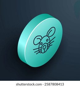 Isometric line Rat head icon isolated on black background. Mouse sign. Animal symbol. Turquoise circle button. Vector